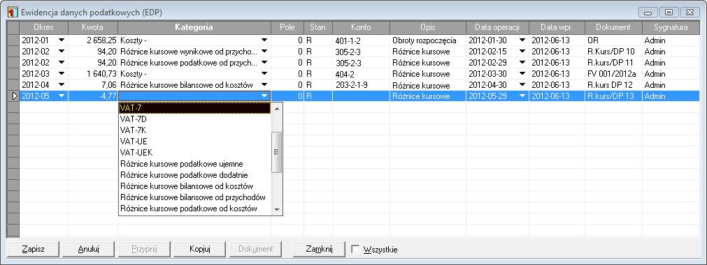 Deklaracje podatkowe 10 3 Rys. 10-1 Ewidencja danych podatkowych Okno umożliwia zarejestrowanie oraz modyfikację wartości podatkowych w systemie.