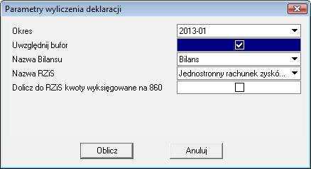 Deklaracje podatkowe 10 17 Rys. 10-15 Parametry wyliczania deklaracji podatku dochodowego Okno służy do ustalenia danych niezbędnych do wyliczenia deklaracji podatkowej.