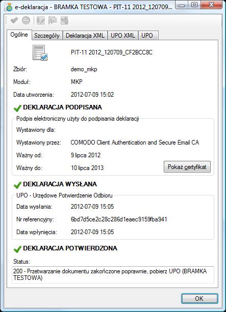 Po skutecznym podpisaniu e-deklaracji w panelu Ogólne pole wyboru Deklaracja podpisana zostaje automatycznie zaznaczone i pojawiają się szczegółowe
