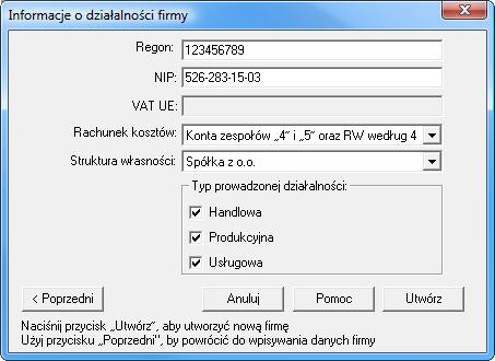 Ustawienia administracyjne 3 5 Charakter działalności firmy W oknie Informacje o działalności firmy określ rodzaj działalności Twojej firmy.