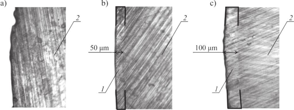 Rys. 1. Fragmenty zewnętrznych krawędzi przekrojów poprzecznych badanych próbek; a) bez powłoki cynkowej, b) z powłoką cynkową grubości 50 µm, c) z powłoką cynkową grubości 100 µm Fig. 1. Fragments of outer boundaries of tested specimen cross sections; a) without a zinc coating, b) with a zinc coating with 50 µm thickness, c) with a zinc coating with 100 µm thickness Rys.