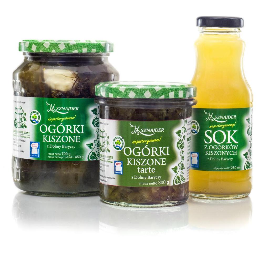 OGÓRKI KISZONE 450 g Ogórki kiszone naturalnie, niepasteryzowane Skład: ogórki z własnych upraw, woda, sól kamienna kłodawska, czosnek, koper Najlepszy Smak Dolnego Śląska 2015 podczas Festiwalu