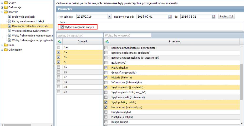 Włączone zawężanie danych w kolumnie Przedmiot lista została zawężona do przedmiotów występujących w oddziałach 1a, 1b, 1c Rysunek 33.