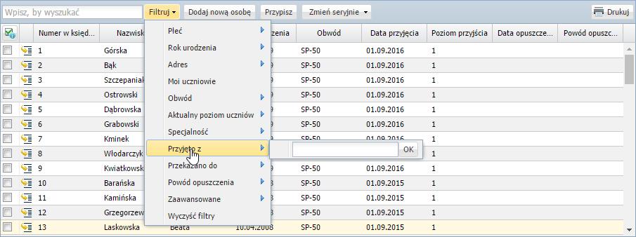 Po wpisaniu w tym polu frazy występującej w imieniu lub nazwisku ucznia nastąpi zawężenie listy do pozycji zawierających podaną frazę. Rysunek 4.