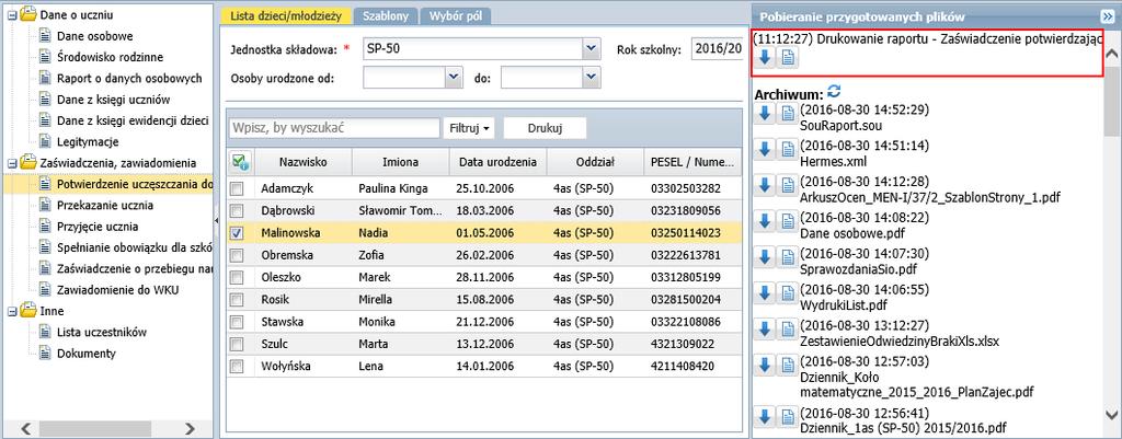 UONET+. W jaki sposób dyrektor szkoły może wykorzystać system w swojej codziennej pracy? 6/20 Rysunek 10. Panel Pobieranie przygotowanych plików podczas przygotowywania wydruku 7.