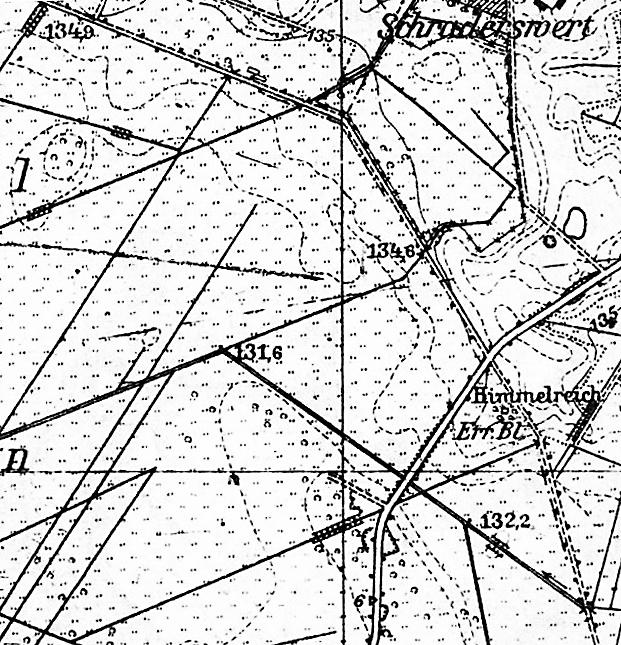 Ryc. 33. Święty Kamień z Łąk Staświńskich - Himmelreich Err. Bl. na mapie Deutsche Heereskarte, Milken Blatt Nr 2097, 1:25 000, 1944 74. Wysoka Wieś, gm. Ostróda, niem. Kernsdorf, Kr.