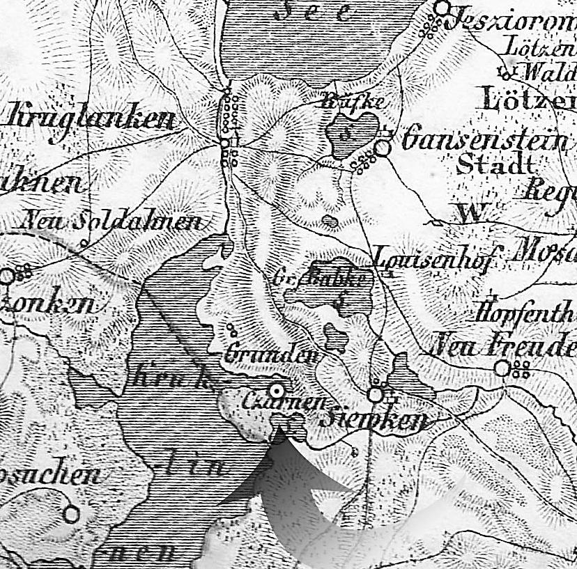 Ryc. 37. Zaznaczenie miejsca sanktuarium kultowego w Żywkach na mapie Rehmansa z 1848 r., przed obniżeniem poziomu wody w Jeziorze Kruklin.