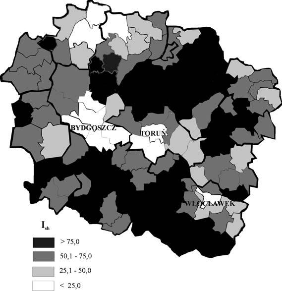 578 Jaskulski D., Jaskulska I. >75.0 50.1-75.0 25.1-50.0 <25.0 Fig. 2. Map of the share of agricultural land vegetation in coverage of the total area (I sh ) of the Kujawy and Pomorze Province.