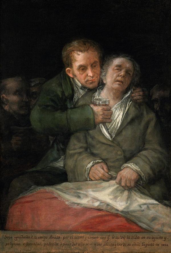 Self-portrait with Dr Arrieta by Francisco de Goya (1820) Goya, in gratitude to his friend Arrieta: for the compassion and care with which he