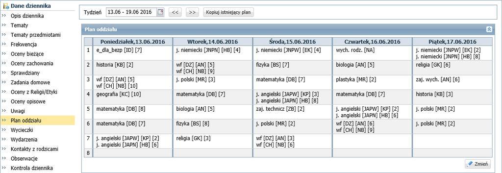 Dokumentowanie lekcji w systemie UONET+ 3/17 - plan lekcji wprowadzany na stronie Plan oddziału.