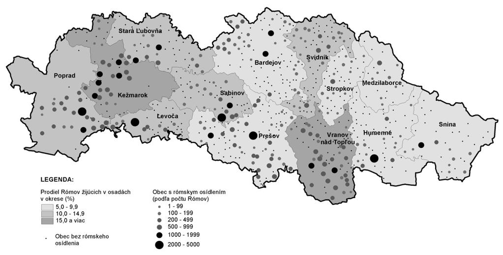 Obyvateľstvo žijúce v rómskych osídleniach (2004) Okres Počet obyvateľov rómskych osídlení % podiel obyvateľov v rómskych osídleniach Bardejov 6632 8,7 Humenné 3867 6,0 Kežmarok 13338 20,6 Levoča