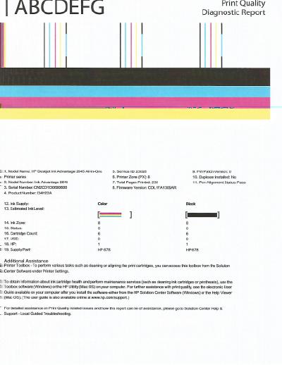 d. Kliknij opcję Drukowanie informacji diagnostycznych na karcie Raporty urządzenia, aby wydrukować stronę diagnostyczną. Sprawdź niebieskie, purpurowe, żółte i czarne pola na stronie diagnostycznej.