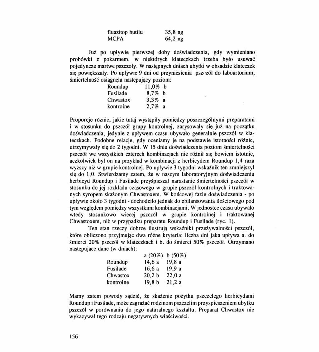 tluazitop MCPA butilu 35,8 ng 64,2 ng Już po upływie pierwszej doby doświadczenia, gdy wymieniano prob6wki z pokarmem, w niekt6rych klateczkach trzeba było usuwać pojedyncze martwe pszczoły.