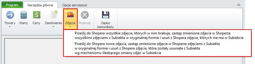 7.2.5 Zdjęcia Synchronizator Shoper Opcja ta umożliwia wysyłanie zdjęć z Subiekta do sklepu Shoper. Wcześniej należy ją włączyć w ustawieniach programu Synchronizator Shoper (rozdział 7.1.1.7).