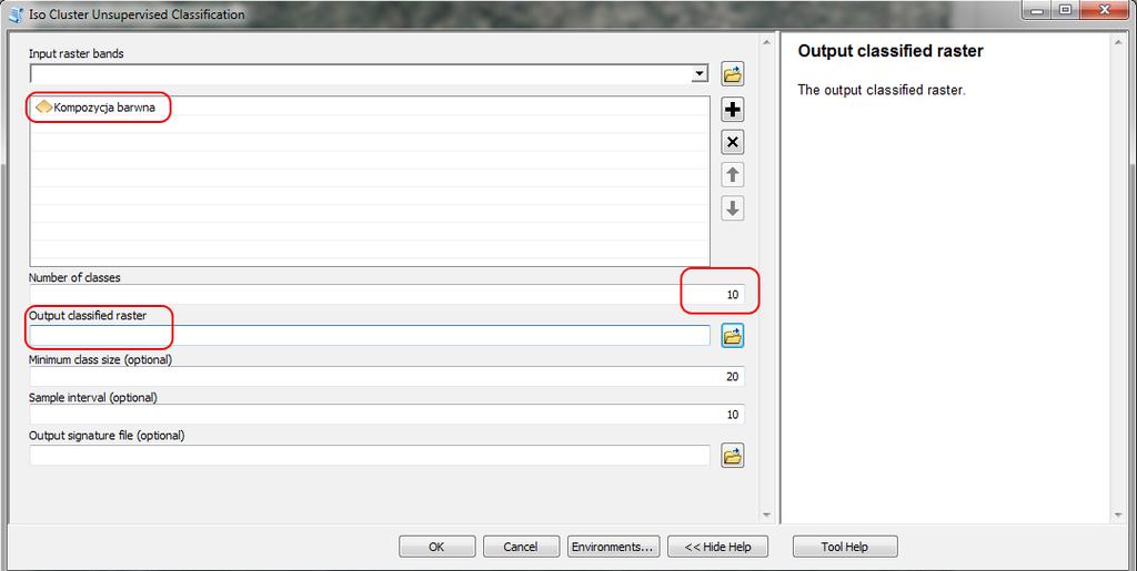 e) W oknie klasyfikacji wybierz miejsce, gdzie ma być zapisana mapa wynikowa oraz ustaw liczbę klas do których mają zostać przyporządkowane piksele.