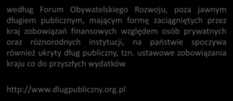 Dług publiczny według Forum Obywatelskiego Rozwoju według Forum Obywatelskiego Rozwoju, poza jawnym długiem publicznym, mającym formę zaciągniętych przez kraj zobowiązań finansowych