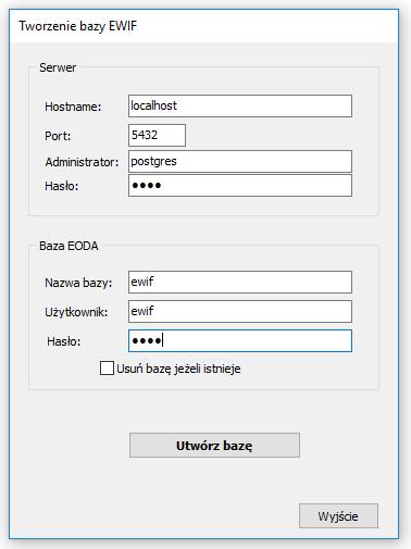 2. Instalacja programu. Instalacja serwera POSTGRESQL oraz aplikacji EWIF na tym samym komputerze 1. Zainstalować serwer baz danych POSTGRESQL (wersja 9.5.