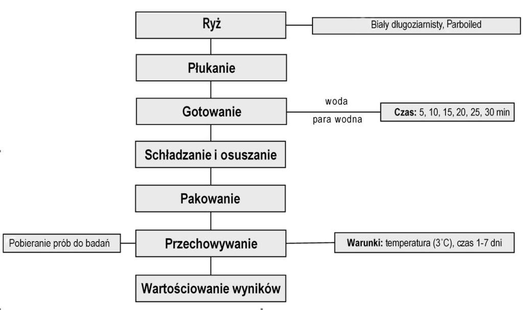 46 M. Domin, F. Kluza, D. Góral, K. Kozłowicz Rys. 2. Schemat badań Fig. 2. Scheme of investigations Ziarna ryżu gotowano opcjonalnie w nadmiarze wody lub w parze wodnej przez okres od 5 do 30 min.