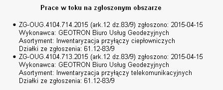 5) Dokumenty zawiera dokumenty związane z obsługą zgłoszenia, materiały pzgik oraz inne informacje MODGiK np. o innych pracach geodezyjnych na obszarze zgłoszonej pracy.