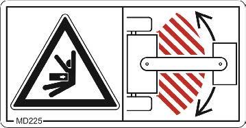 MD225 Zagrożenia przez przygniecenia całego ciała, spowodowane przebywaniem w strefie przestawiania dyszla między ciągnikiem a zaczepioną maszyną!