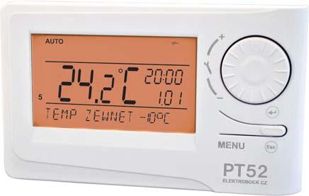 TERMOSTAT PRZEWODOWY z komunikacj¹ OpenTherm+ PT52 DUŻY PODŚWIETLANY WYŚWIETLACZ z intuicyjną nawigacją w języku polskim 9 TYGODNIOWYCH PROGRAMÓW GRZEWCZYCH 6 cieplnych zmian na dobę 1 TYGODNIOWY