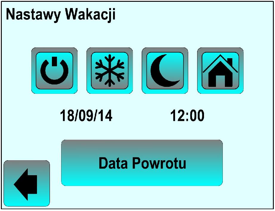 dostęp do 4 trybów określających sposób działania termostatu w trakcie trwania wakacji: Wyłącz