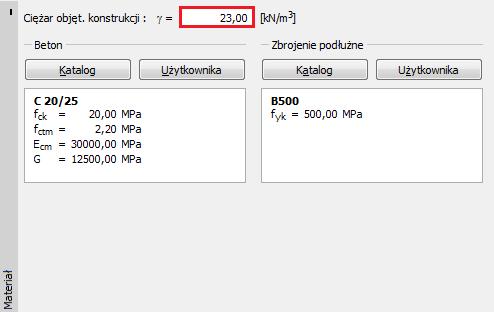 Następnie przejdziemy do ramki "Materiał", w której określimy charakterystykę pojedynczego pala w grupie, tj.