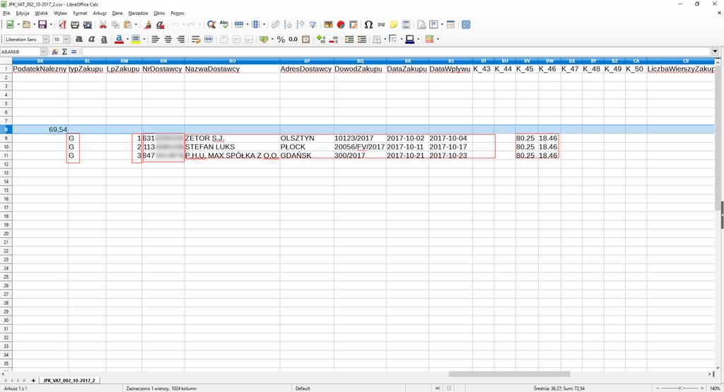 JPK_VAT przygotowanie danych Przygotowanie pliku CSV w arkuszu kalkulacyjnym W podobny sposób wypełniamy kolejne wiersze
