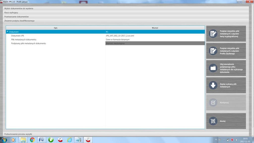 JPK_VAT przetwarzanie i wysyłka danych Podpisywanie profilem zaufanym Opcje oznaczone czerwoną ramką uaktywnią się po kliknięciu na wiersz Dokument.
