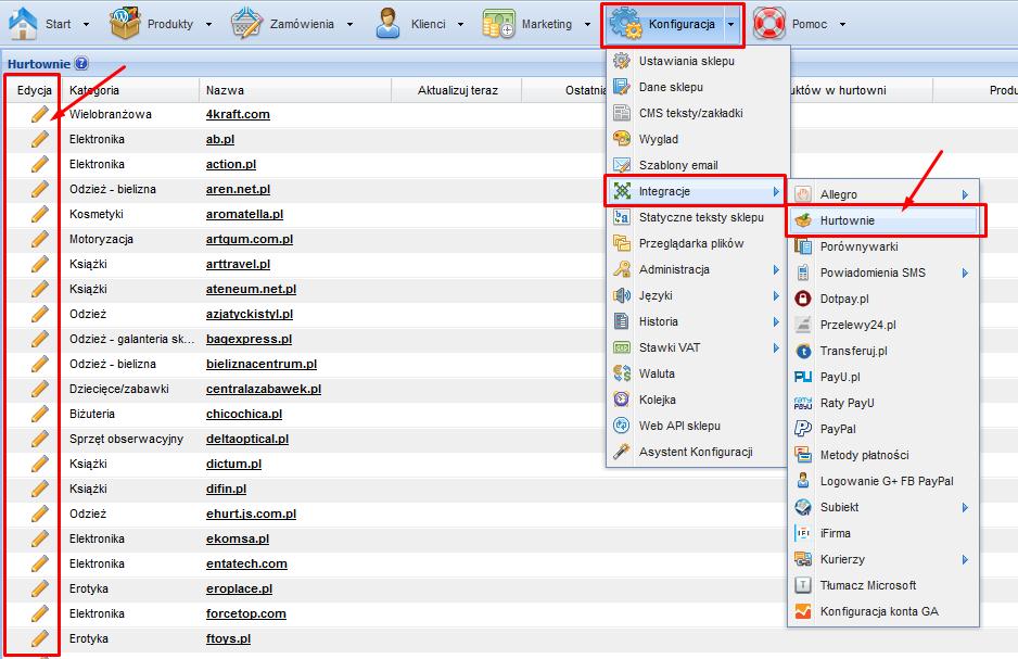 Integracja z hurtowniami pierwsze uruchomienie w sklepie Przed przystąpieniem do pierwszego pobrania produktów z hurtowni do sklepu, należy odpowiednio