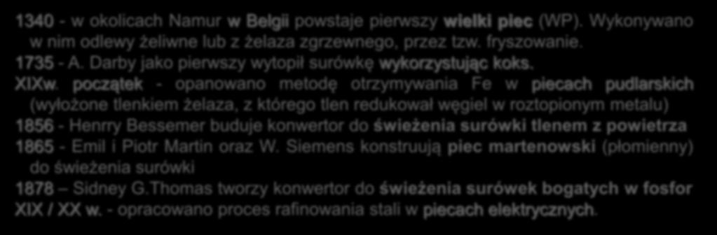 METALURGIA SURÓWKI 1340 - w okolicach Namur w Belgii powstaje pierwszy wielki piec (WP). Wykonywano w nim odlewy żeliwne lub z żelaza zgrzewnego, przez tzw. fryszowanie. 1735 - A.