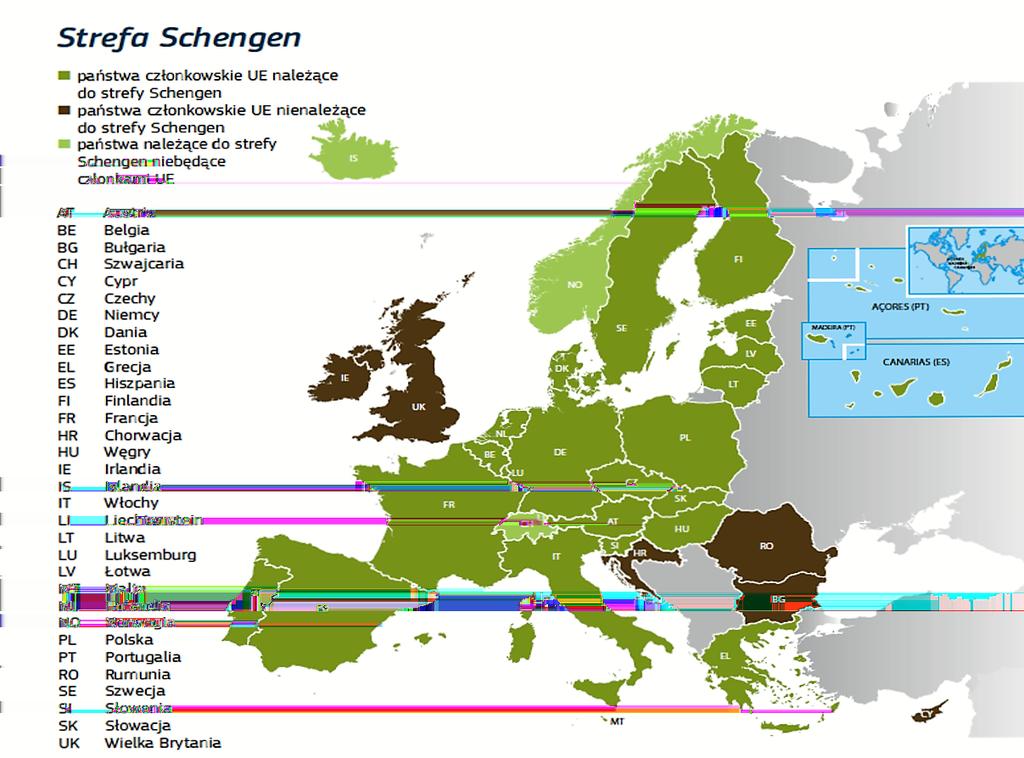 Państwa Schengen (państwa, które w pełni wdrożyły dorobek Schengen i zniosły kontrolę na swoich granicach wewnętrznych): 1. Austria 2. Belgia 3. Czechy 4. Dania 5. Estonia 6. Finlandia 7. Francja 8.