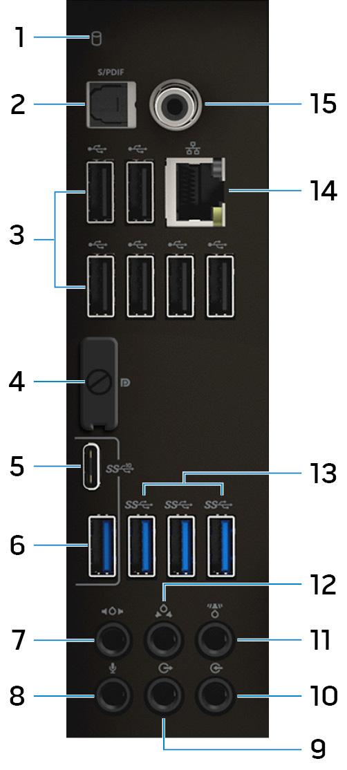 Panel tylny 1 Lampka aktywności dysku twardego Świeci, kiedy komputer odczytuje lub zapisuje dane na dysku twardym.