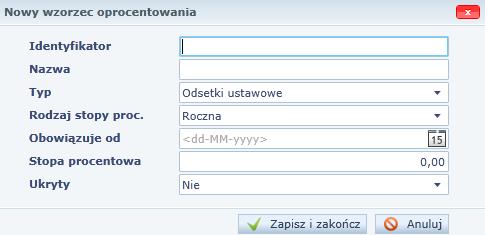 Weryfikacja i modyfikowanie danych związanych z jednostką 13 Ćwiczenie 14. Dodawanie wzorców oprocentowania 1. W gałęzi Słowniki faktur kliknij pozycję Wzorce oprocentowania. 2.