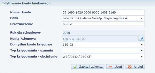 W polach Typ gminy wg Bestii, Typ powiatu wg Bestii wpisz odpowiednie dane. 5. Zatwierdź wprowadzone dane, klikając przycisk Zapisz. Ćwiczenie 3. Wprowadzenie kont bankowych dla jednostek 1.