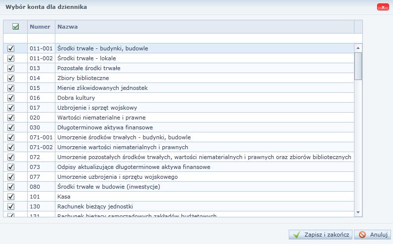 Definiowanie dzienników 21 Ćwiczenie 3. Ograniczenie kont do dziennika 1. Przejdź na zakładkę Konta, upewnij się, że został wybrany odpowiedni Rok obrachunkowy i kliknij przycisk Zmień. 2. Postaw znaczniki przy numerach tych kont, które chcesz przypisać do danego dziennika.