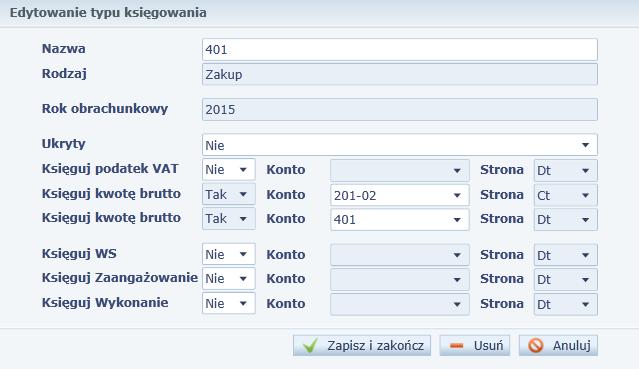 Definiowanie parametrów aplikacji 25 Ćwiczenie 2. Dodawanie typu księgowania Zakupy Typy księgowań wykorzystywane są podczas wprowadzania dokumentów źródłowych.