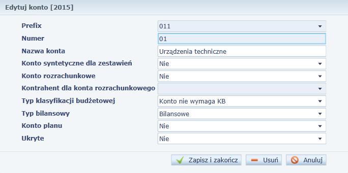 Uzupełnianie słowników 7 4. W polu Prefix wybierz z listy rozwijalnej numer konta syntetycznego, do którego ma zostać dodana analityka. 5. Wpisz numer analityki i nazwę dodawanego konta. 6.