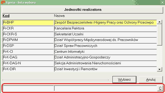 2. Filtrowanie listy PrzewaŜnie w otwieranych listach w dolnej części okna znajdują się pola słuŝące filtrowaniu.