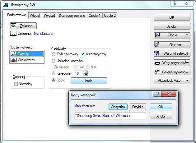 Pojawia się okno Histogramy 2W, w którym musimy dokonać wyboru zmiennej, a także określić kody, dla których powstanie histogram (kodami będą nazwy producentów).