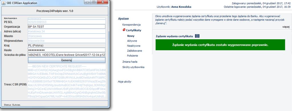 W następnym kroku pokaże się ekran aplikacji Pocztowy24Podpis z formularzem do wypełnienia danymi. Część danych jest uzupełniona na podstawie danych pochodzących z systemu Pocztowy24 Biznes.