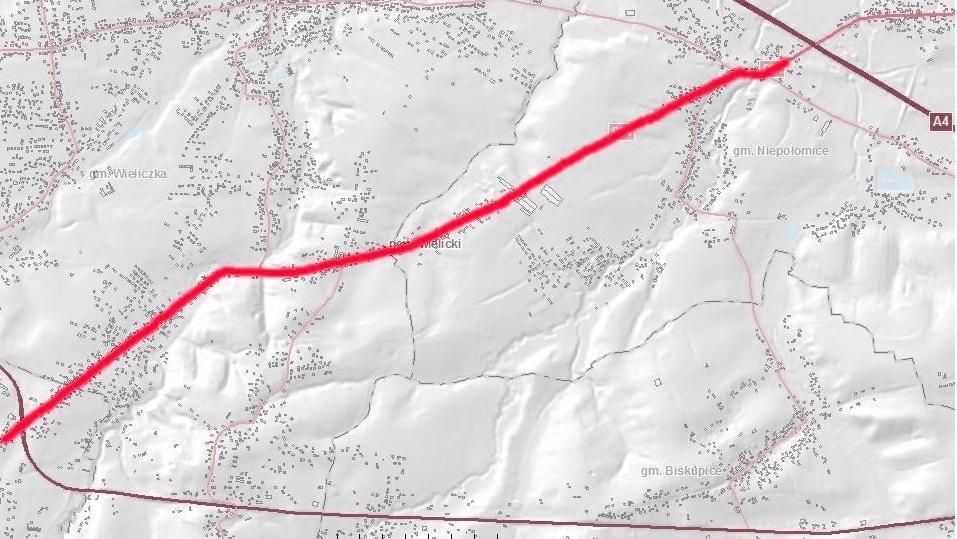 Program ochrony środowiska przed hałasem dla województwa małopolskiego 31. Droga wojewódzka nr 964 na odcinku Wieliczka - Zakrzów 31.1. Opis obszaru 31.1.1. Analizowany odcinek drogi wojewódzkiej DW964 o długości 5,6 km obejmuje kilometraż od 37+968 do 43+546.