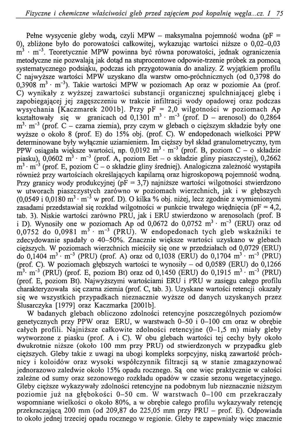 Fizyczne i chemiczne właściwości gleb przed zajęciem pod kopalnię węgla...cz. I 75 Pełne wysycenie gleby wodą, czyli MPW - maksymalna pojemność wodna (pf = 0), zbliżone było do porowatości całkowitej, wykazując wartości niższe o 0,02-0,03 m3 m~3.