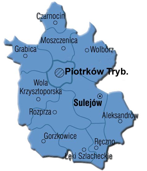 gmina Sulejów Mapa 3. Powiat piotrkowski z podziałem na gminy Powierzchnia ogólna gminy wynosi ok. 188 km 2 (18 824 ha) w tym: użytki rolne 8380 ha - ok.