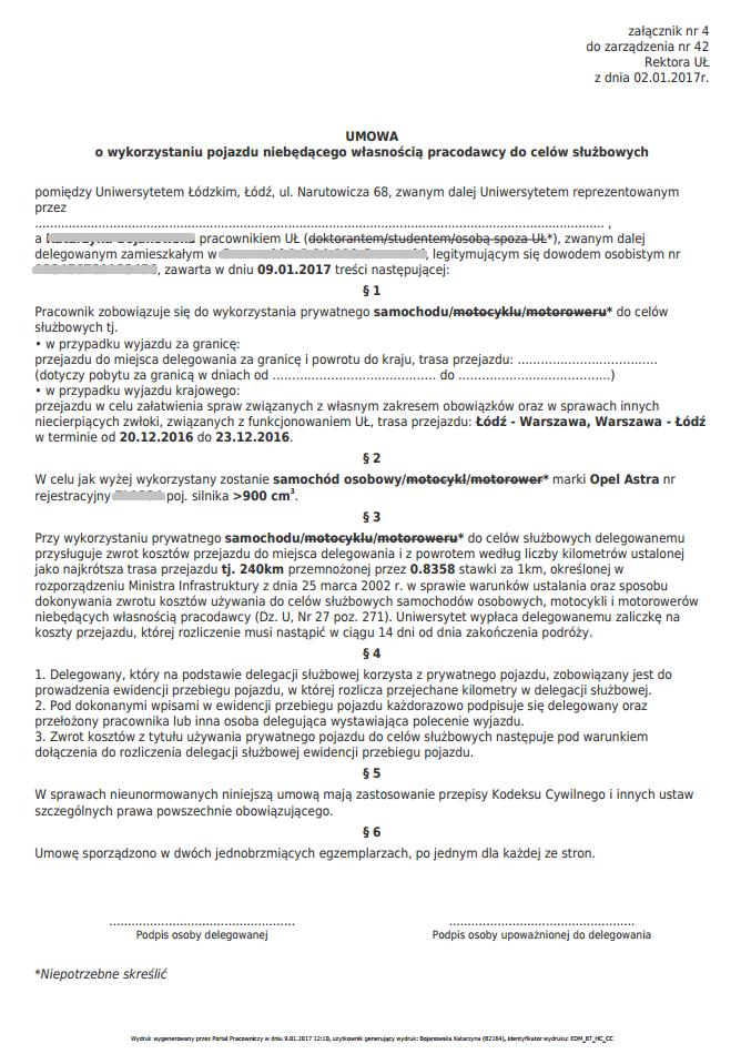 Wprowadzone Powiązane punkty podróży pracownik może edytować za pomocą przycisku Akcje -> Popraw lub Usuń.