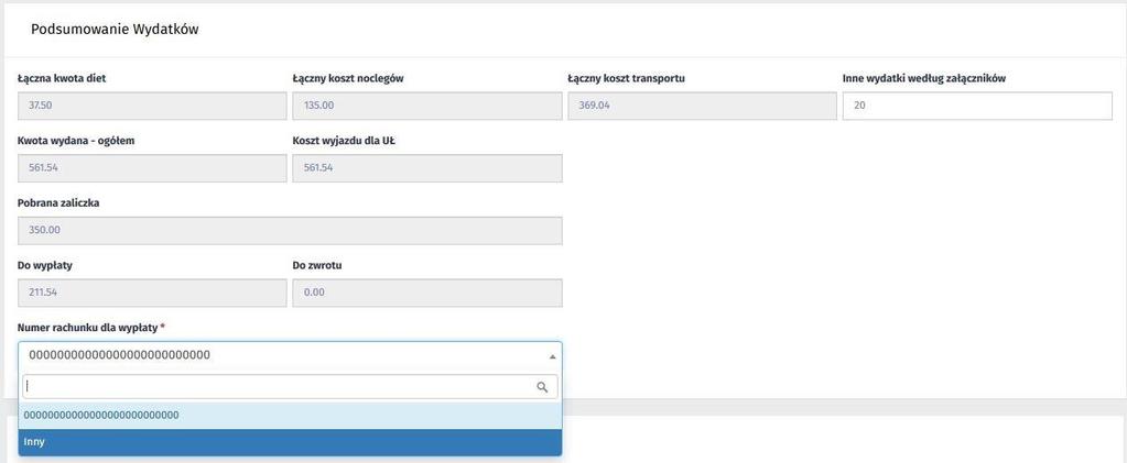 Uwaga: System pilnuje aby wprowadzone ilości dla bezpłatnych posiłków oraz ryczałtów dla noclegów i transportu nie przekraczały ilości dni delegacji.