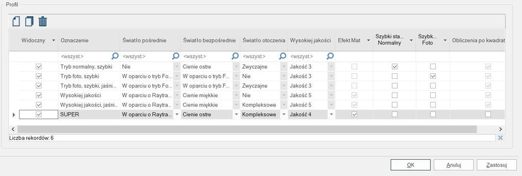 RAYTRACER - Profile domyślne i własne Profile własne Menu zakładka System Ustawienia systemu Raytracer ikona Nowy Po