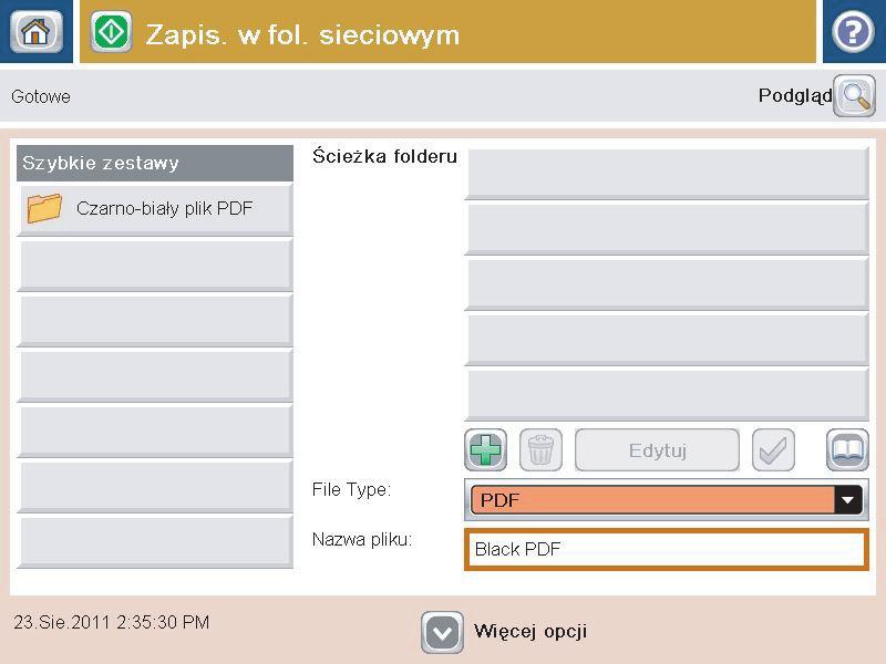 2. Na ekranie głównym panelu sterowania urządzenia dotknij przycisku Zapisz do folderu sieciowego. UWAGA: Po wyświetleniu monitu wpisz nazwę użytkownika i hasło. 3.