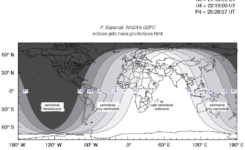Koniec zaćmienia częściowego: 22 h 19 m 173 18 Koniec zaćmienia półcieniowego: 23 h 29 m 190 18 (Azymut A k (liczony od północy) i wysokość nad horyzontem h k podane dla Warszawy: λ = 21.0 E, ϕ = 52.