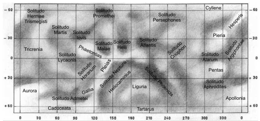 Mapa albedo powierzchni Merkurego 11 z naniesionymi nazwami utworów albedo zatwierdzonymi przez Międzynarodową Unię Astronomiczną w 1978 r.